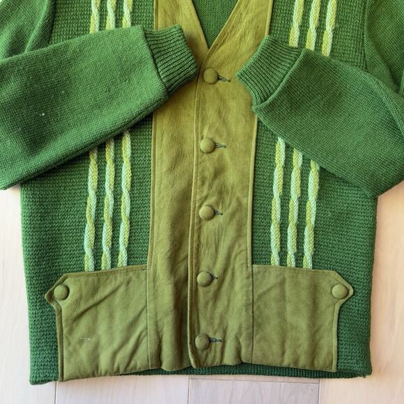Vintage Towncraft Cardigan Medium Green Wool Suede 60s Pennys Made in USA - Picture 5 of 9